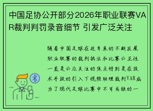 中国足协公开部分2026年职业联赛VAR裁判判罚录音细节 引发广泛关注