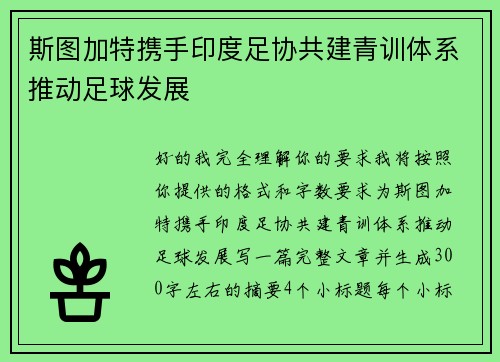 斯图加特携手印度足协共建青训体系推动足球发展 斯图加特携手印度足协共建青训体系推动足球发展