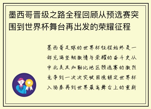 墨西哥晋级之路全程回顾从预选赛突围到世界杯舞台再出发的荣耀征程